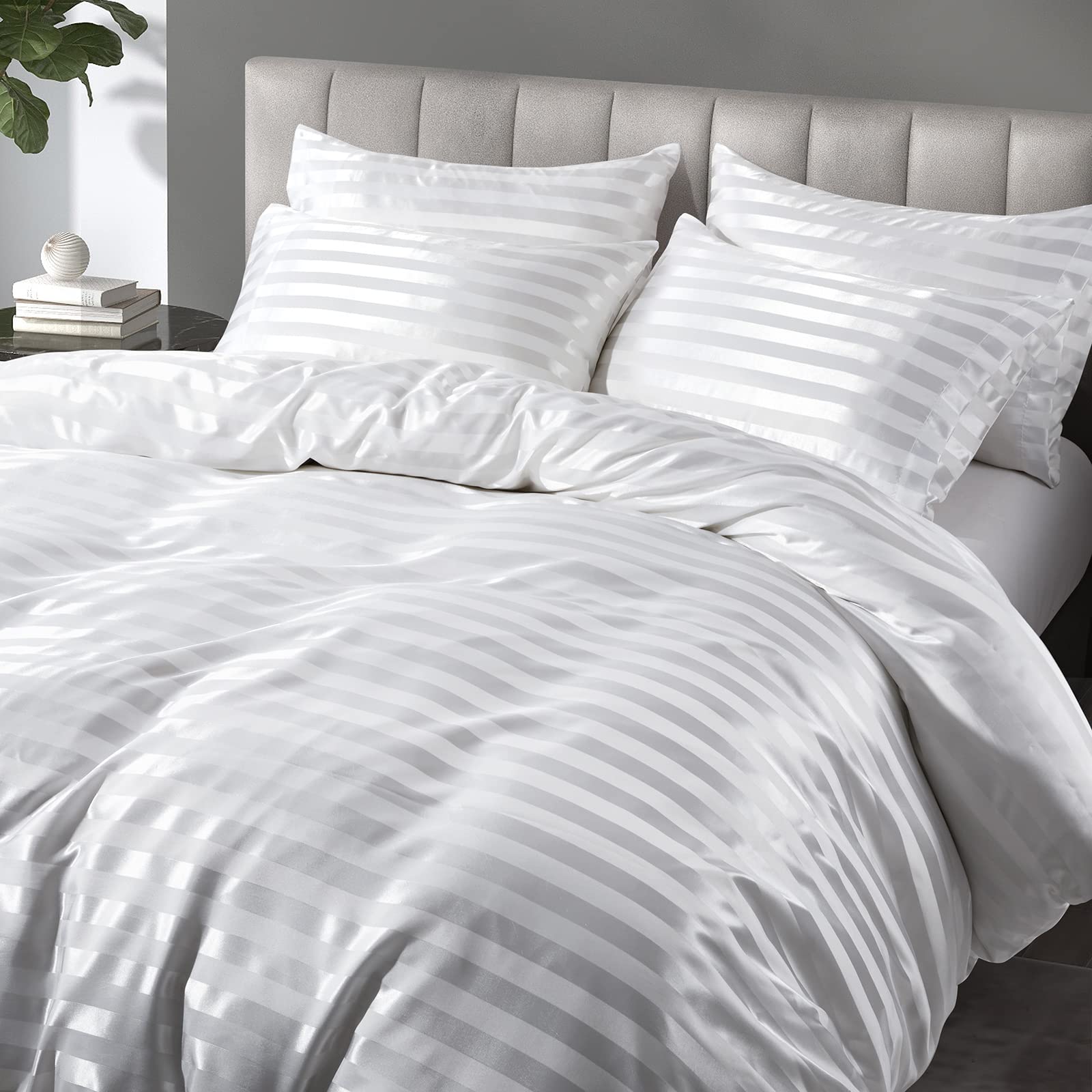 P Pothuiny 5 Pieces Satin Striped Duvet Cover King Size Set, Luxury Silky Like Ivory White Stripe Duvet Cover Bedding Set With Z